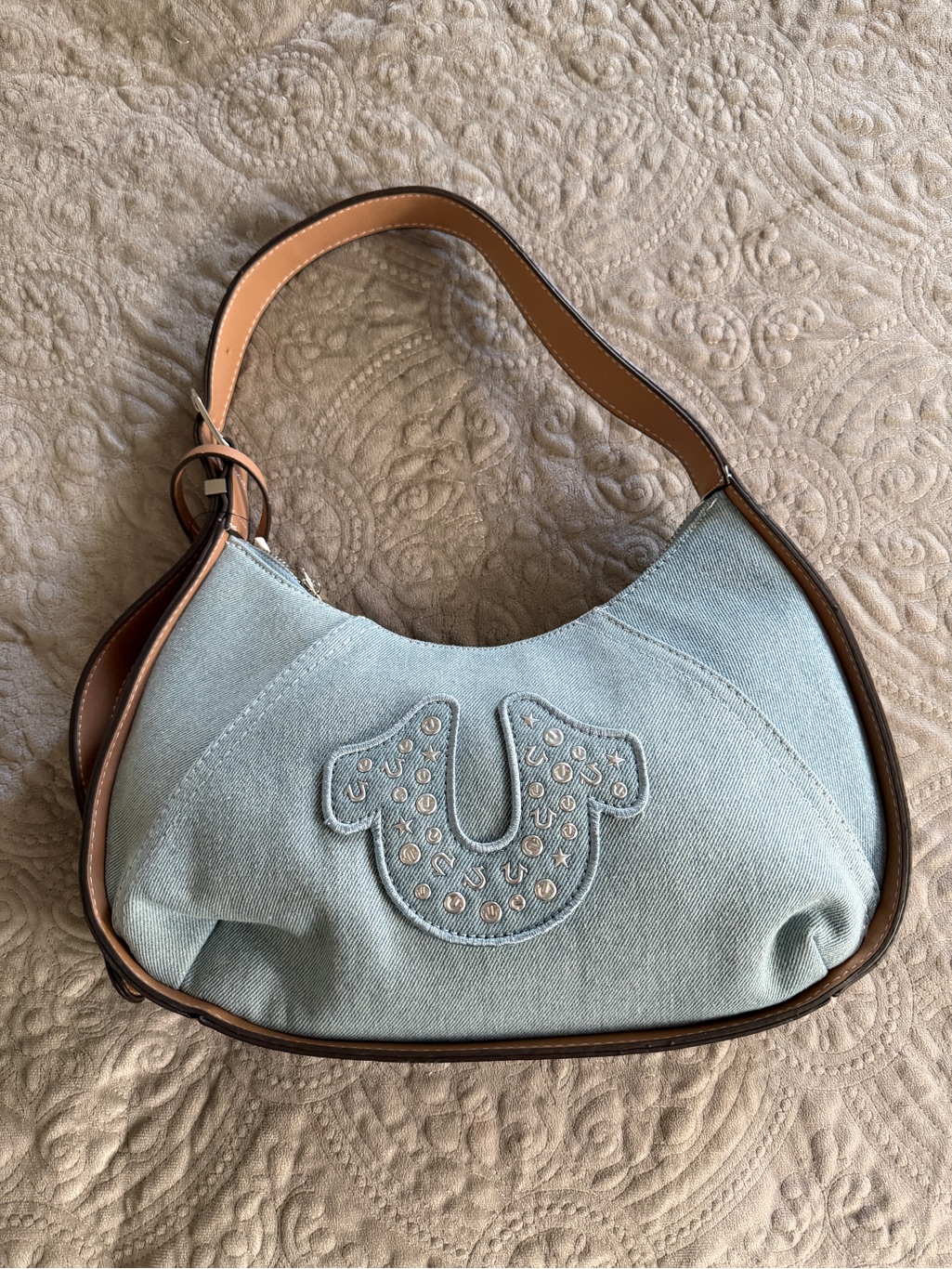 True Religion Light Blue Denim Shoulder Bag With Tan Trim